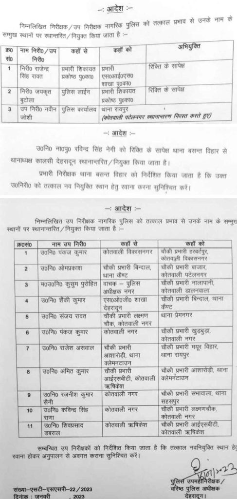 उत्तराखंड पुलिस के 6 दरोगा निलंबित, 15 इंस्पेक्टर व सब-इंस्पेक्टर के तबादले